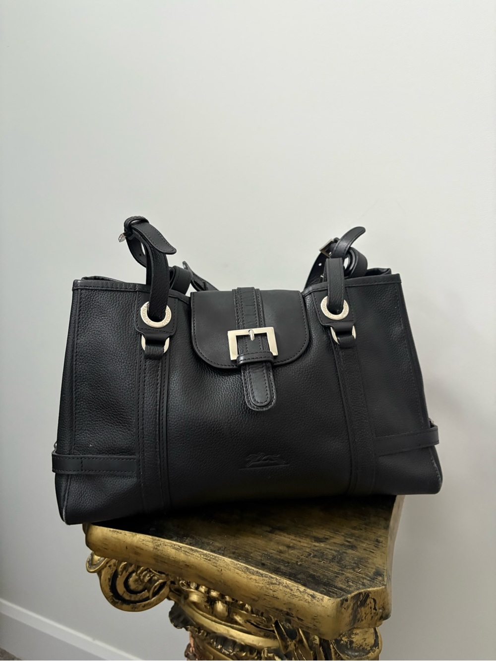 Longchamp Black Leather Shoulder Bag with Buckle Accent